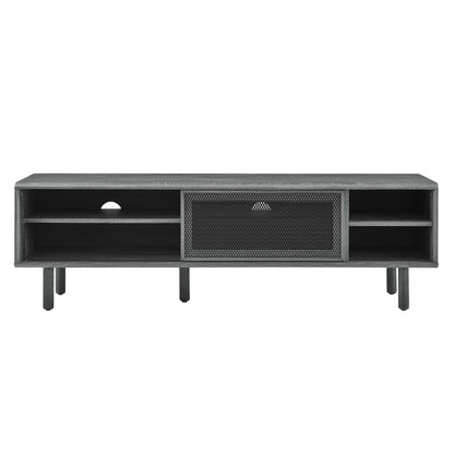 Black metal media console/TV stand with left & right open shelves and a center mesh door.