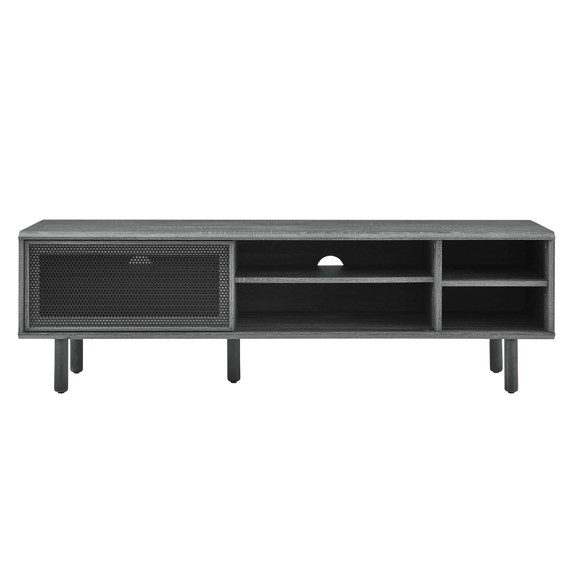 Industrial charcoal TV stand with left mesh cabinet, open right cubbies, circular cable hole, and metal tapered legs.