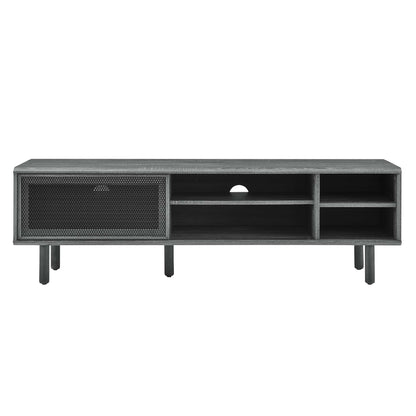 Industrial charcoal TV stand with left mesh cabinet, open right cubbies, circular cable hole, and metal tapered legs.