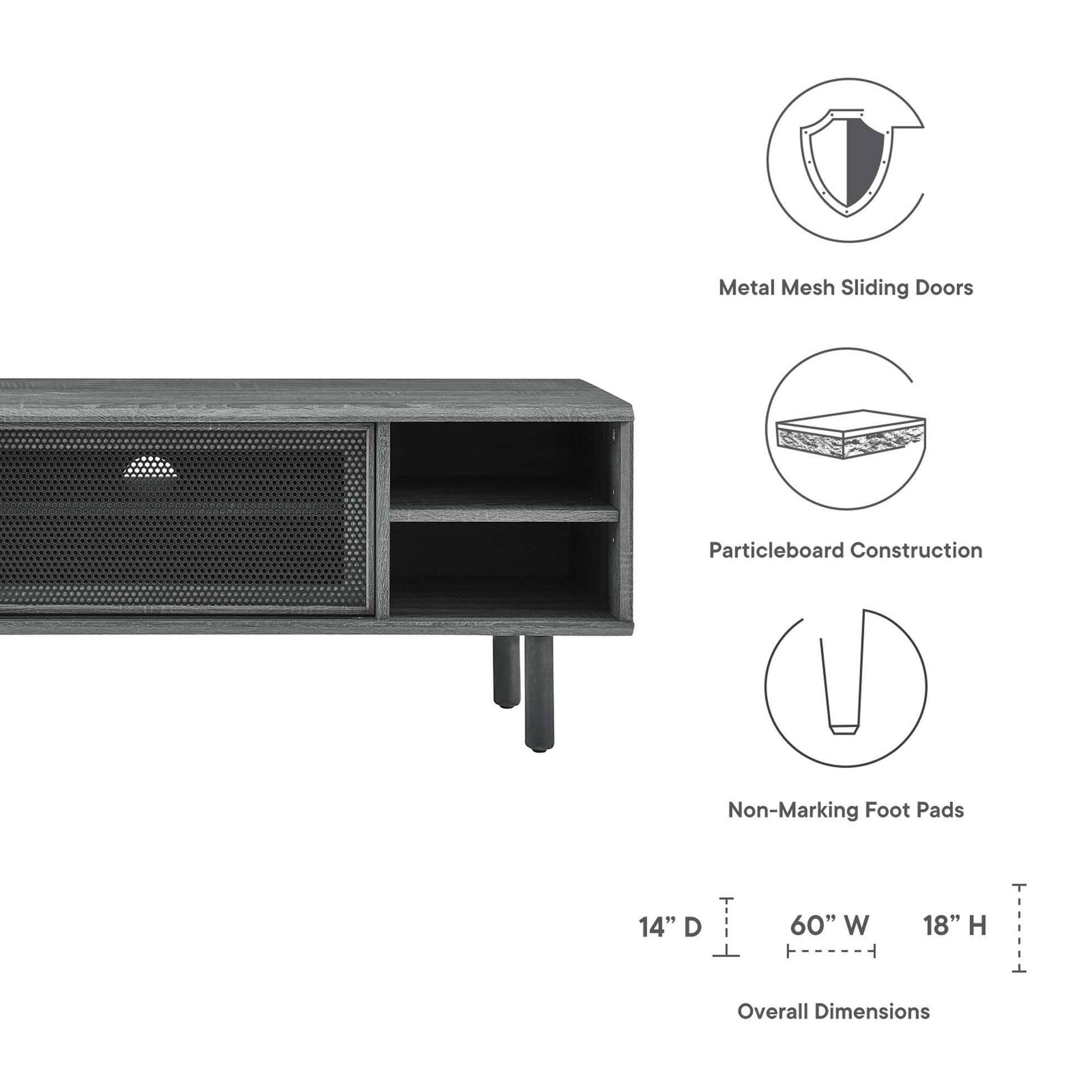 Charcoal TV stand with metal mesh door on the left and two open shelves; particleboard, non-marking feet, 60W x 18H x 14D
