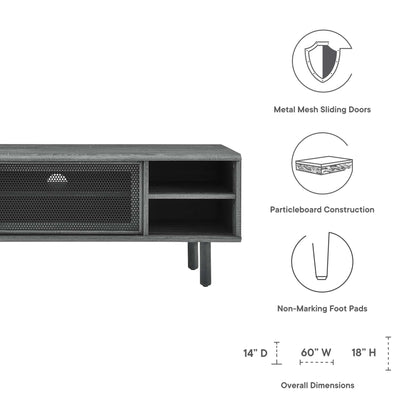 Charcoal TV stand with metal mesh door on the left and two open shelves; particleboard, non-marking feet, 60W x 18H x 14D