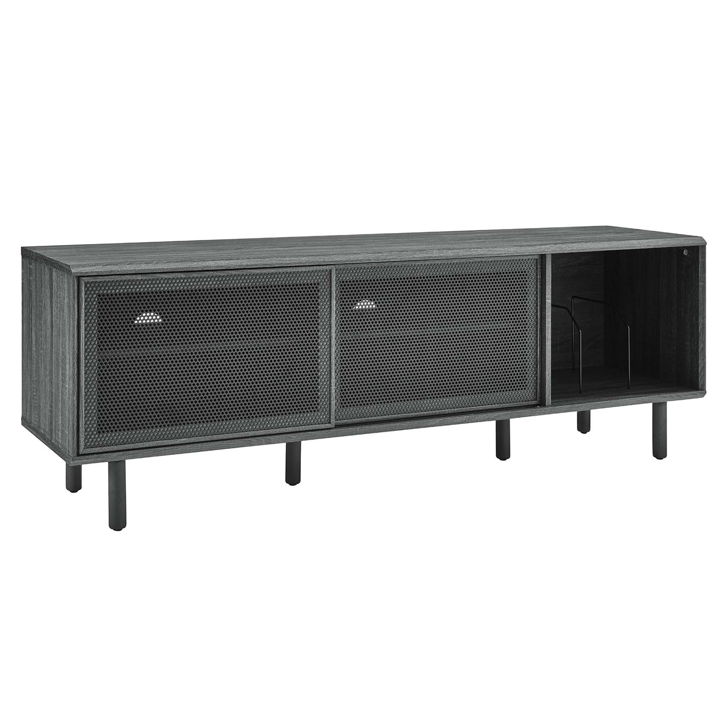 Charcoal wood media console with two perforated metal mesh sliding doors and an open right-side shelf on slender legs.