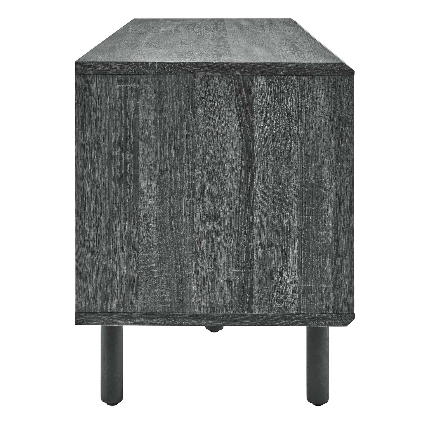 Charcoal black TV and vinyl record stand with a long rectangular top and open storage compartments, supported by slim legs.