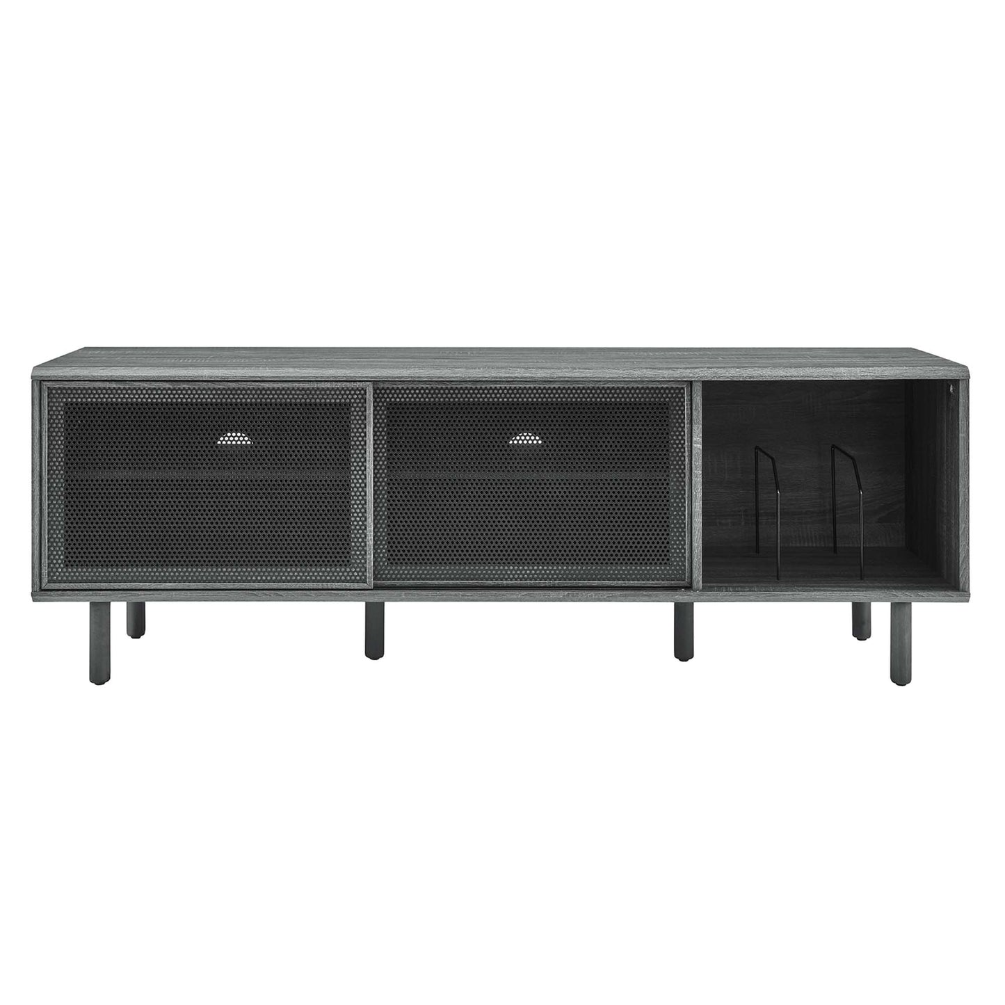 Industrial gray TV and vinyl record stand with wood-grain top, two mesh doors and open right shelf with vertical rack, low-profile console.