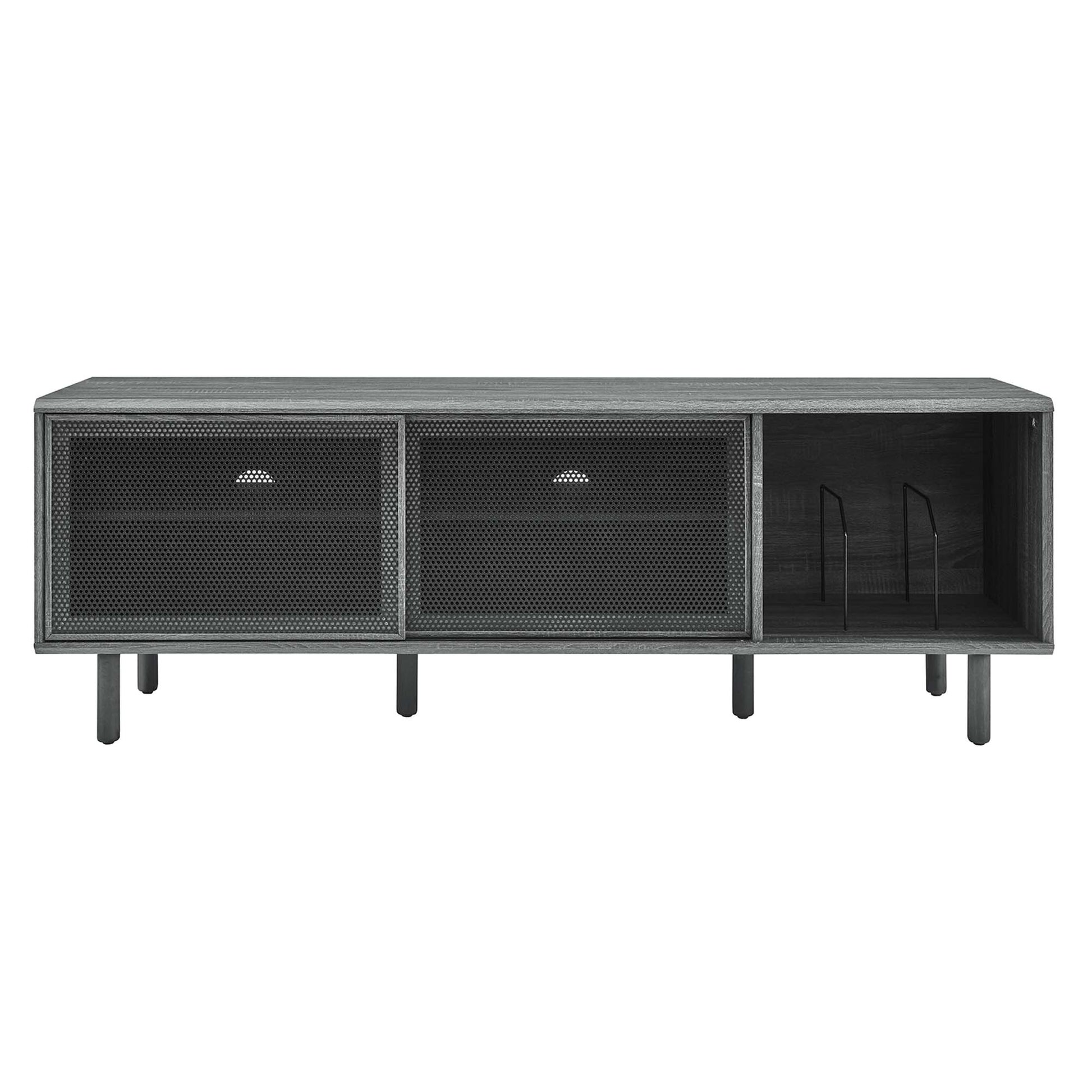 Industrial gray TV and vinyl record stand with wood-grain top, two mesh doors and open right shelf with vertical rack, low-profile console.