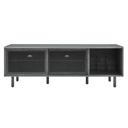 Industrial gray TV and vinyl record stand with wood-grain top, two mesh doors and open right shelf with vertical rack, low-profile console.
