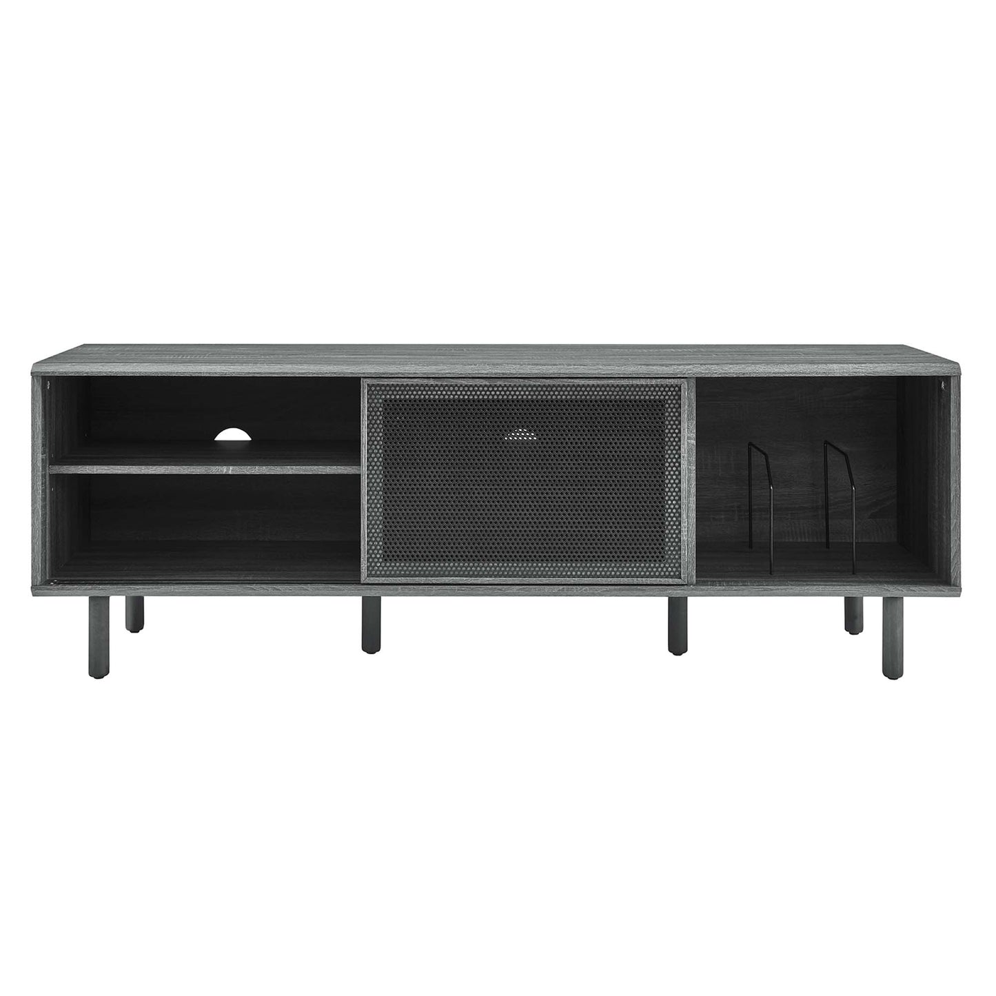 Charcoal gray industrial media console with perforated metal center door, left open shelf, right cabinet, metal legs.
