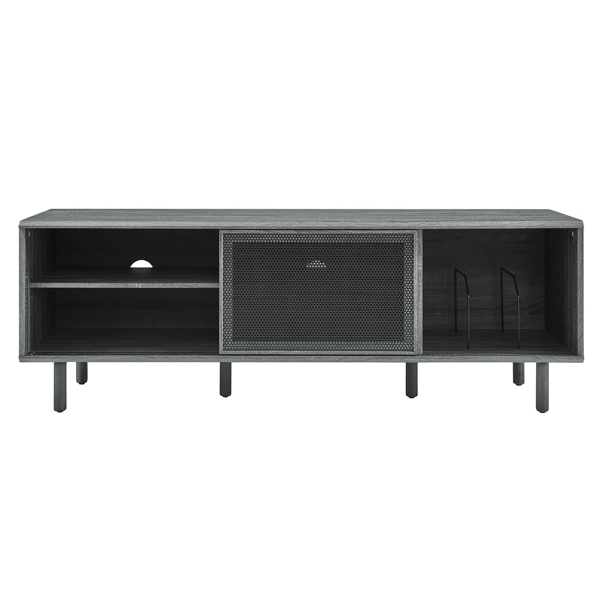 Charcoal gray industrial media console with perforated metal center door, left open shelf, right cabinet, metal legs.