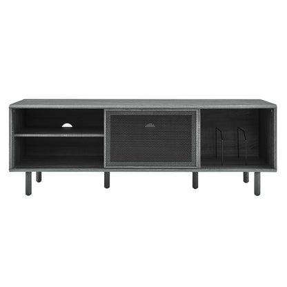 Charcoal gray industrial media console with perforated metal center door, left open shelf, right cabinet, metal legs.
