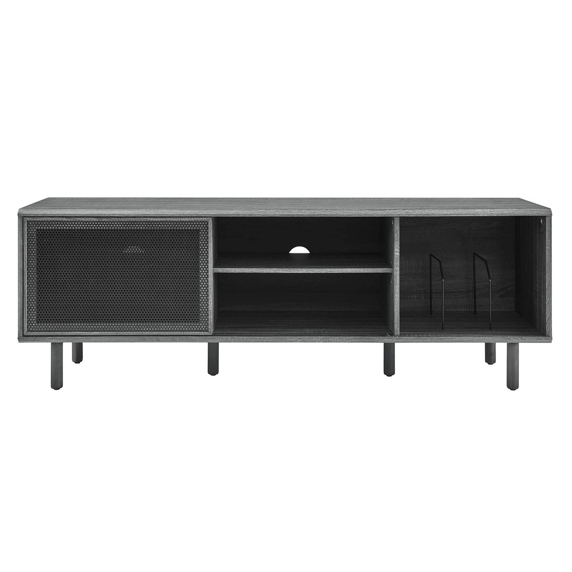 Black TV and vinyl record stand with left metal-mesh cabinet, center open shelves, and right section with vertical handles.