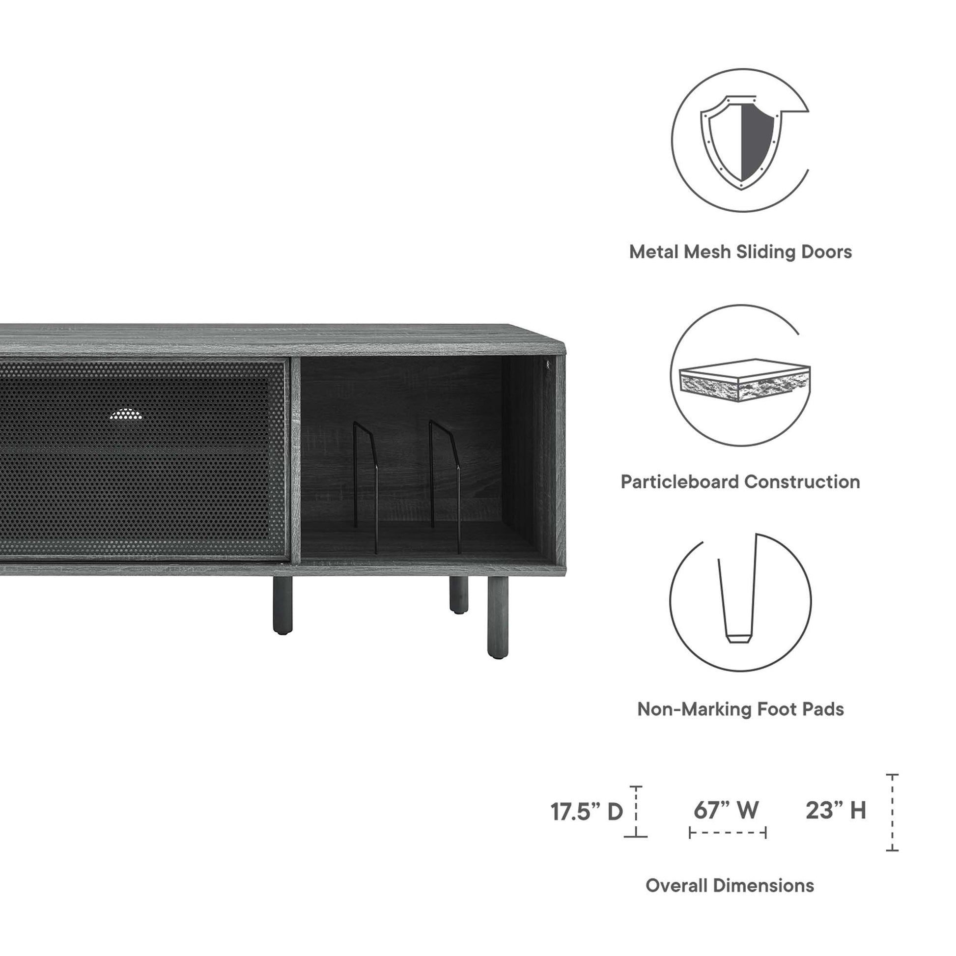 Charcoal media console with metal mesh sliding doors, particleboard body, non-marking feet; modern TV stand.