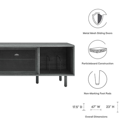 Charcoal media console with metal mesh sliding doors, particleboard body, non-marking feet; modern TV stand.