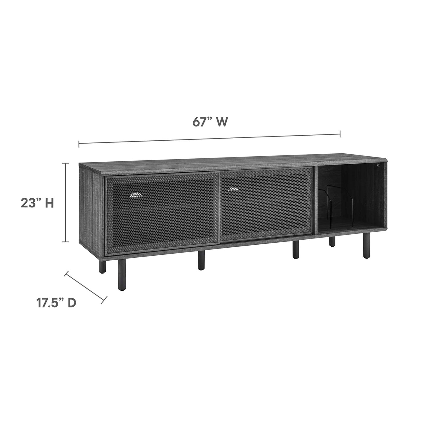 67W x 23H x 17.5D charcoal industrial TV and vinyl record stand with metal mesh doors, open right cubby, wood top.