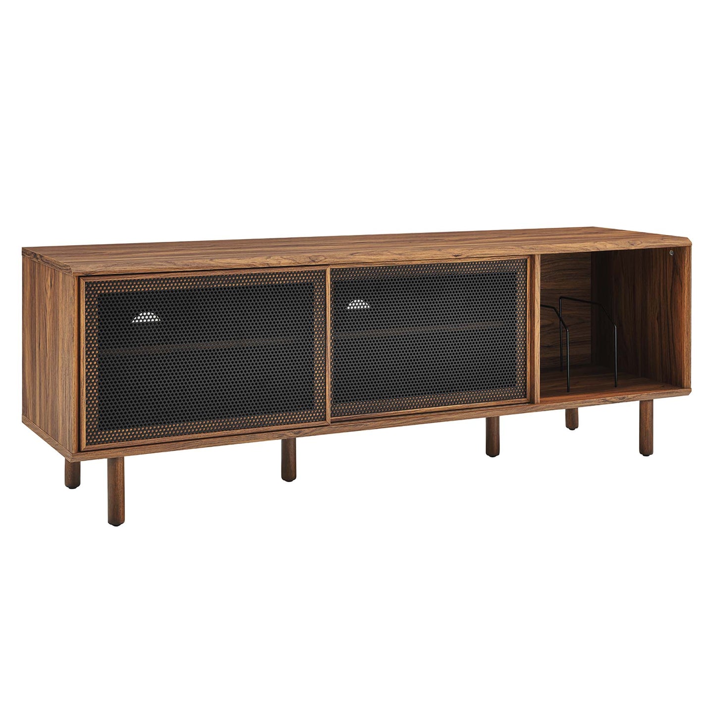 Walnut-finish wooden media console with two black mesh doors and a right open cubby, mid-century style.