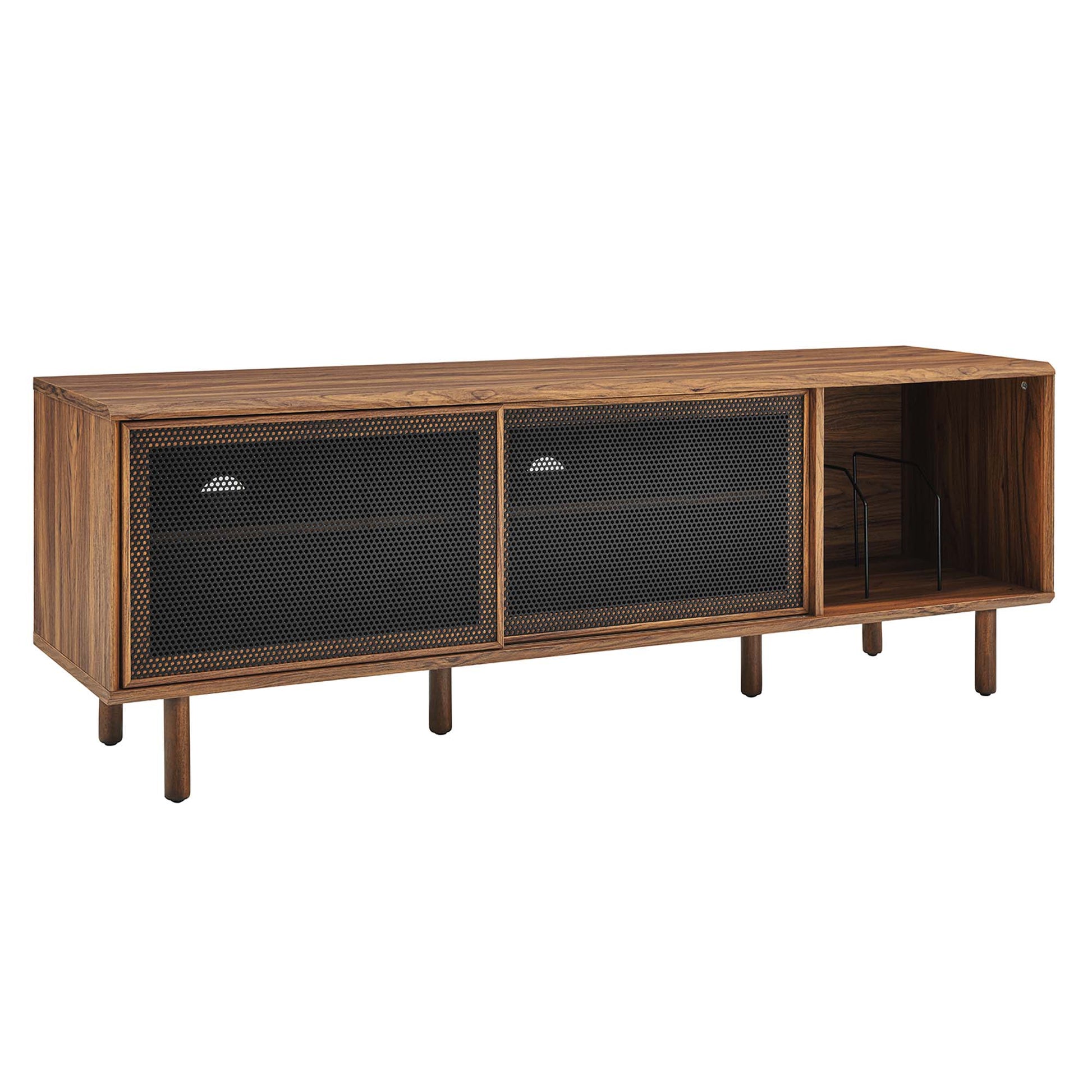 Walnut-finish wooden media console with two black mesh doors and a right open cubby, mid-century style.