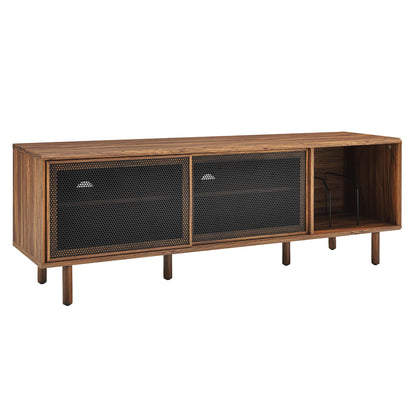 Walnut-finish wooden media console with two black mesh doors and a right open cubby, mid-century style.