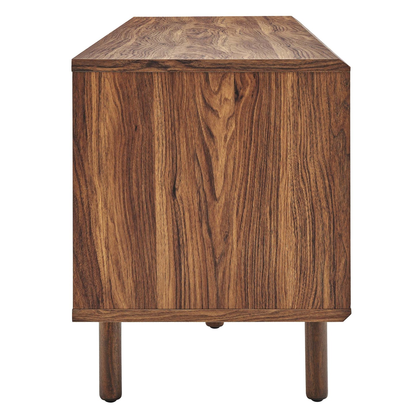 Walnut-finish wooden TV and vinyl-record stand with short legs and a centered drawer pull; mid-century style.