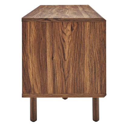 Walnut-finish wooden TV and vinyl-record stand with short legs and a centered drawer pull; mid-century style.