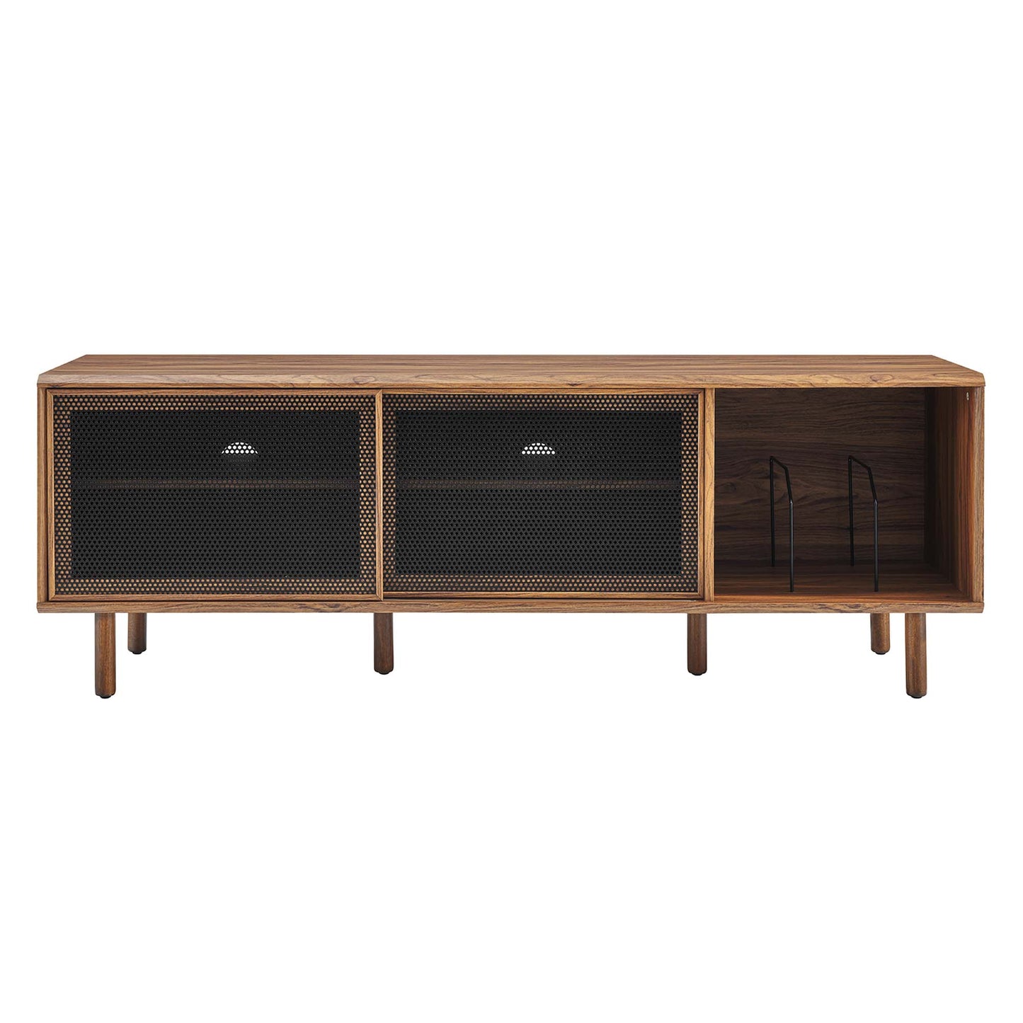 Walnut wood media console with black mesh cabinet doors and open right shelf, mid-century modern, on tapered legs.