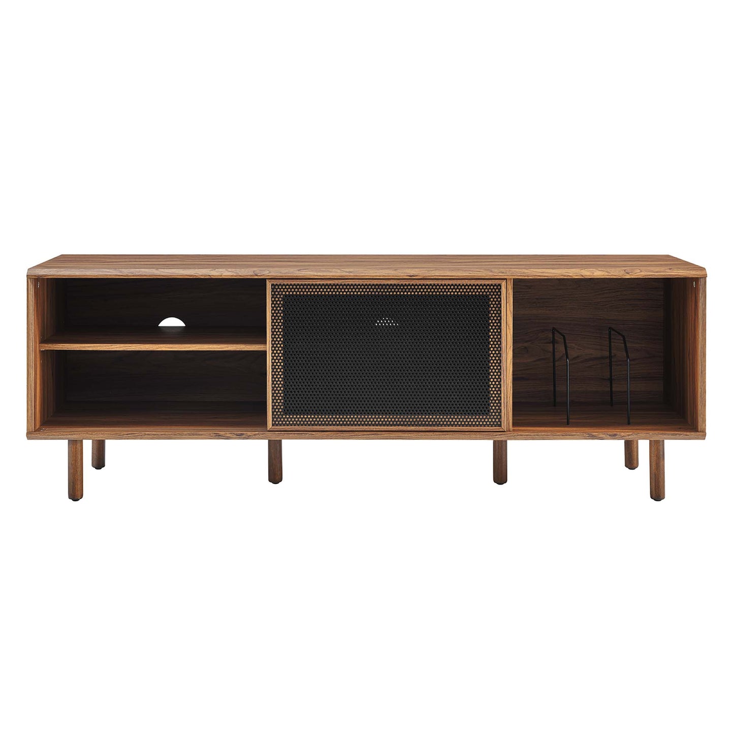 Walnut veneer media console with open left shelves, central black mesh cabinet, right metal rack, mid-century style.