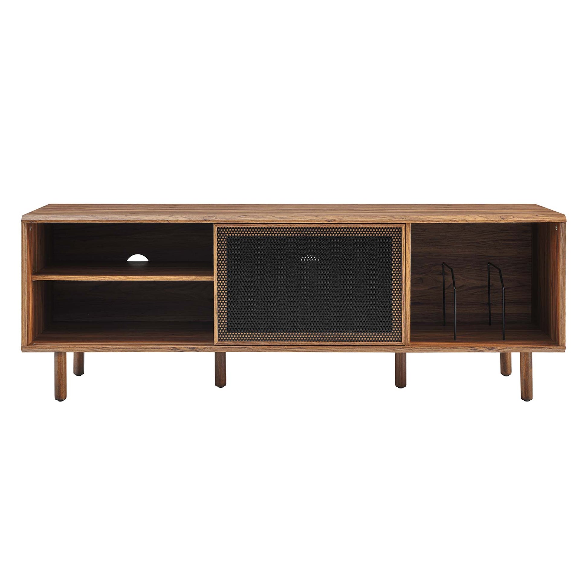Walnut veneer media console with open left shelves, central black mesh cabinet, right metal rack, mid-century style.