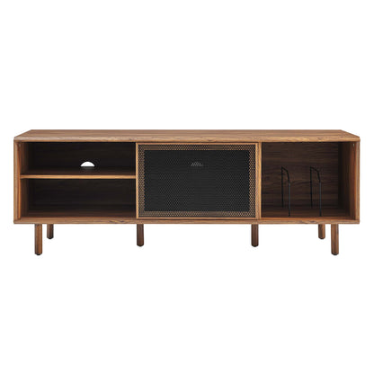 Walnut veneer media console with open left shelves, central black mesh cabinet, right metal rack, mid-century style.