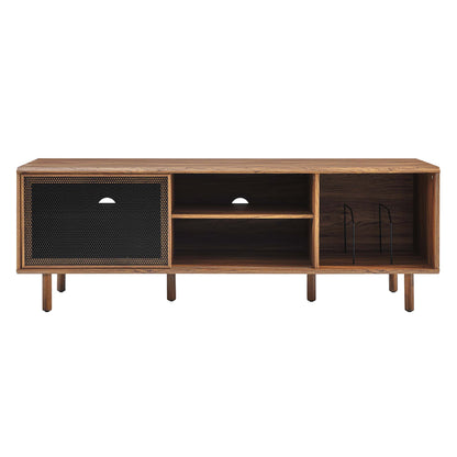 Brown mid-century media console: left black mesh door, two center open shelves, right open section with metal racks.