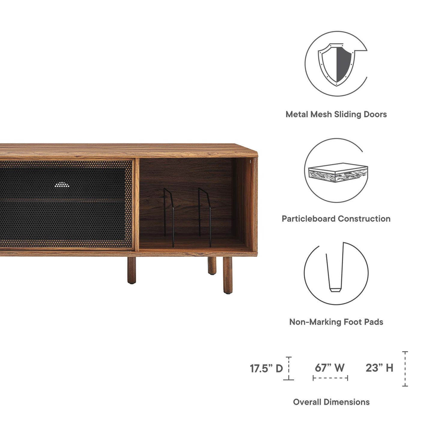 Walnut wood media console with metal mesh sliding door on left, open storage on right, slim mid-century legs.