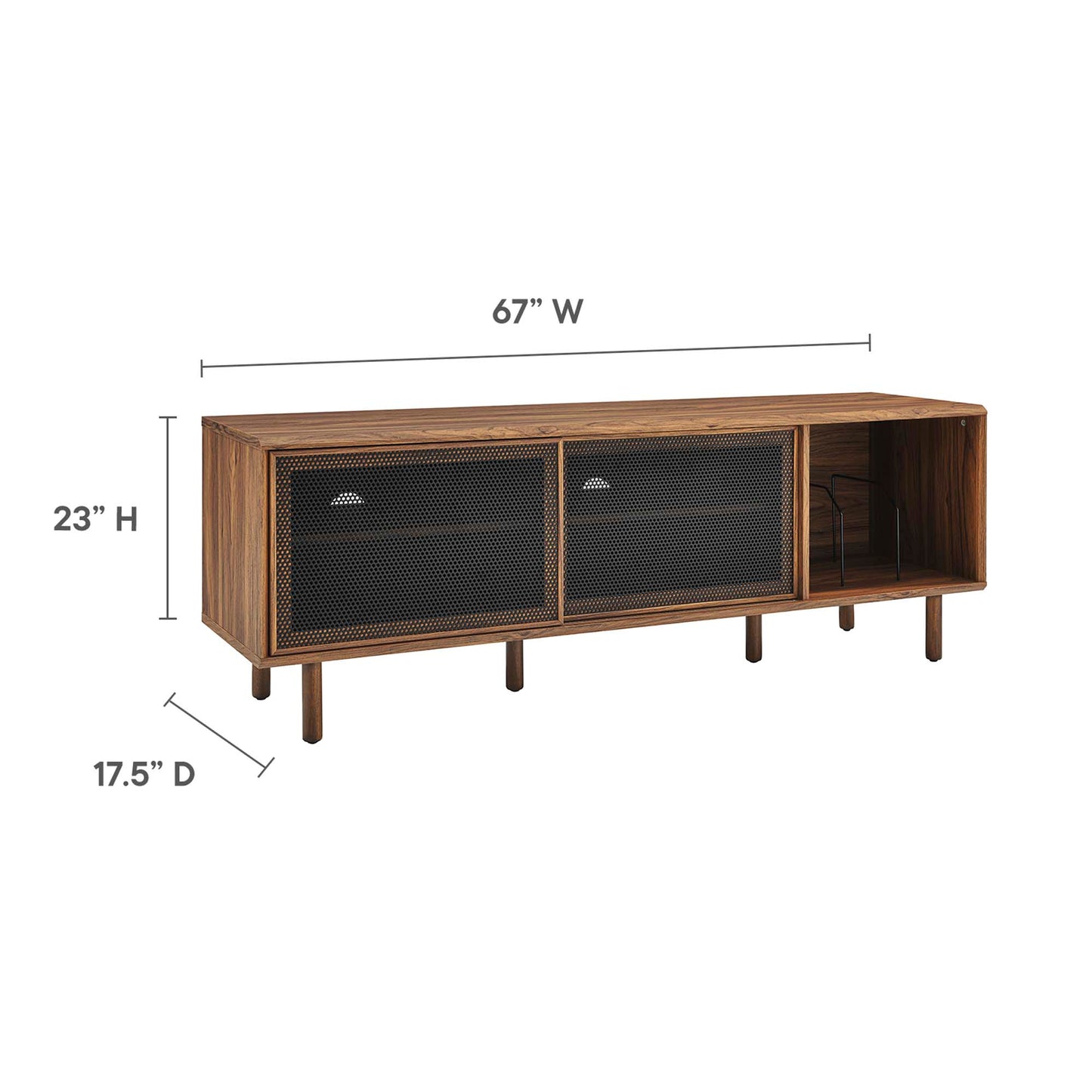 Walnut wood media console, 67W x 23H x 17.5D, with two black mesh doors and open right cubby.