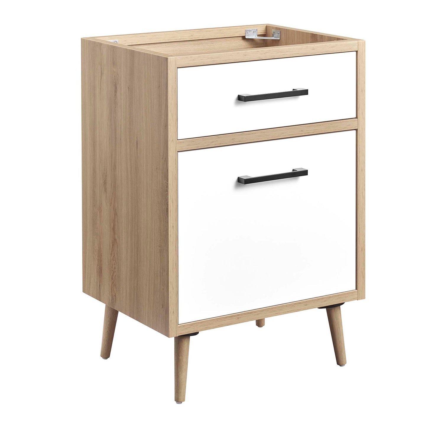 Oak veneer bathroom vanity cabinet with white drawer fronts, two drawers, black handles, and tapered mid-century legs.