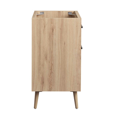 White 24" freestanding bathroom vanity cabinet with tapered legs and right-side metal hardware; sink basin not included.