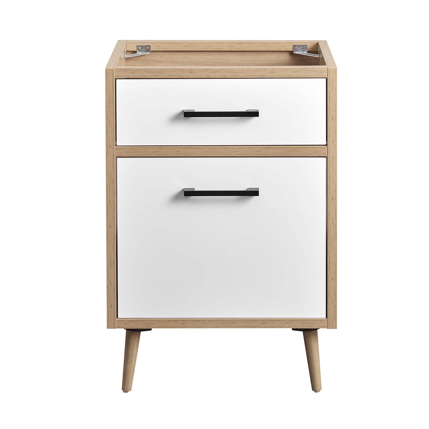 Oak-framed bathroom vanity cabinet in white with black hardware; sink not included.