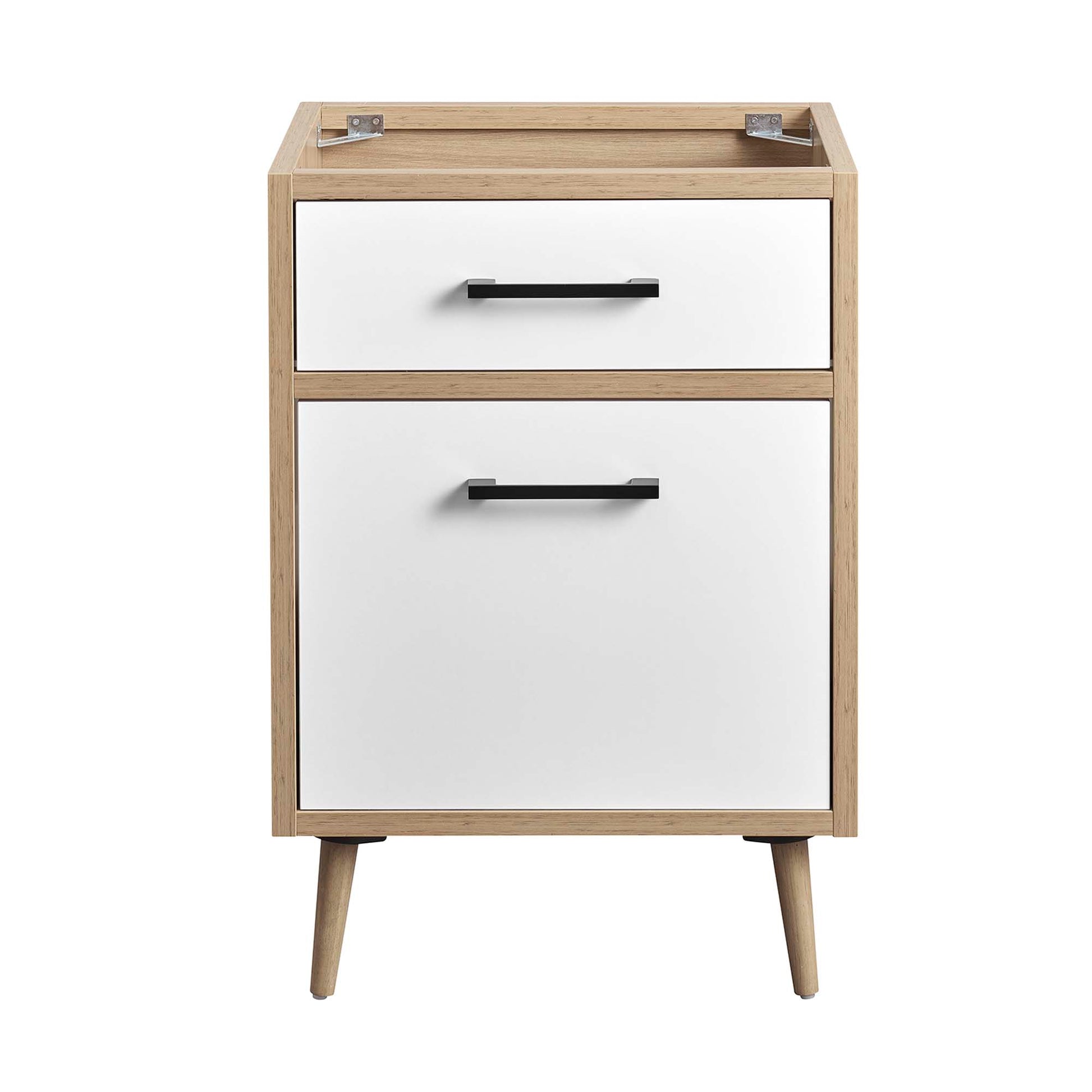 Oak-framed bathroom vanity cabinet in white with black hardware; sink not included.