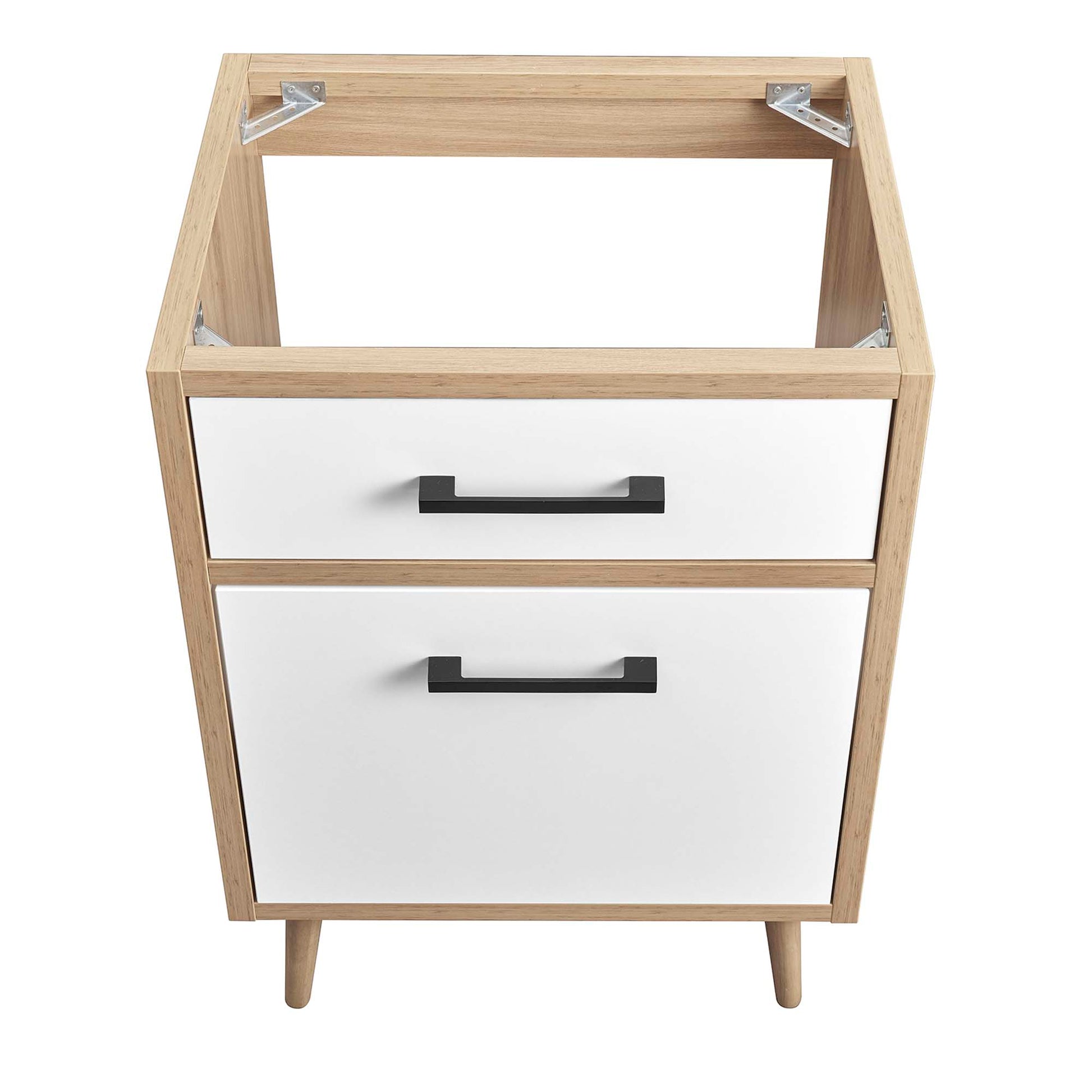 Oak wood framed bathroom vanity cabinet with two white drawers and black bar pulls.