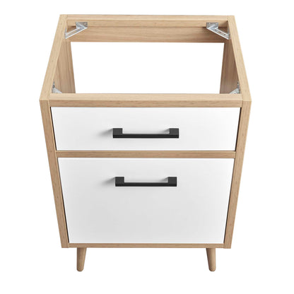 Oak wood framed bathroom vanity cabinet with two white drawers and black bar pulls.
