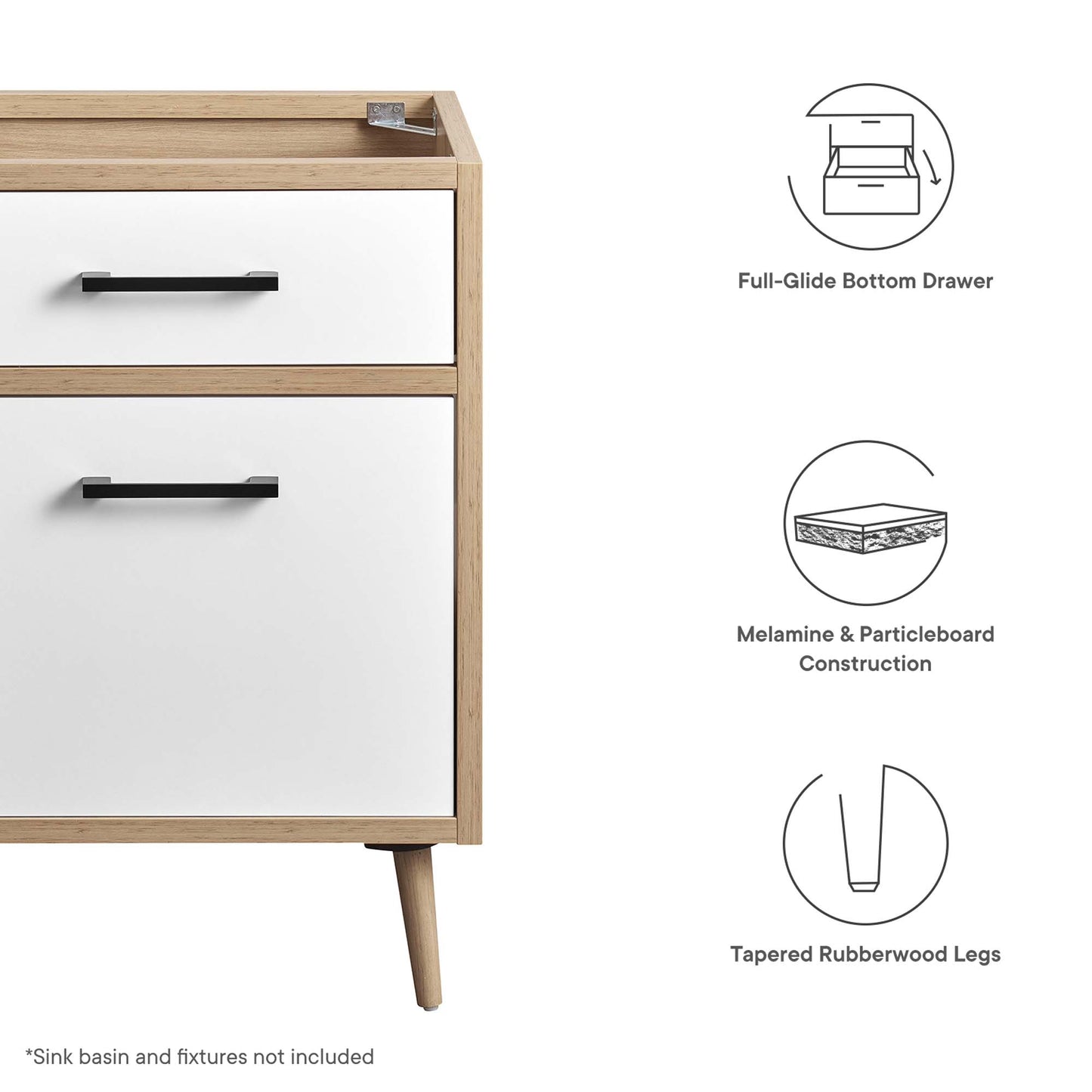 24" bathroom vanity cabinet with an oak wood frame, white drawer fronts, & black bar handles; two-drawer configuration on tapered rubberwood legs.