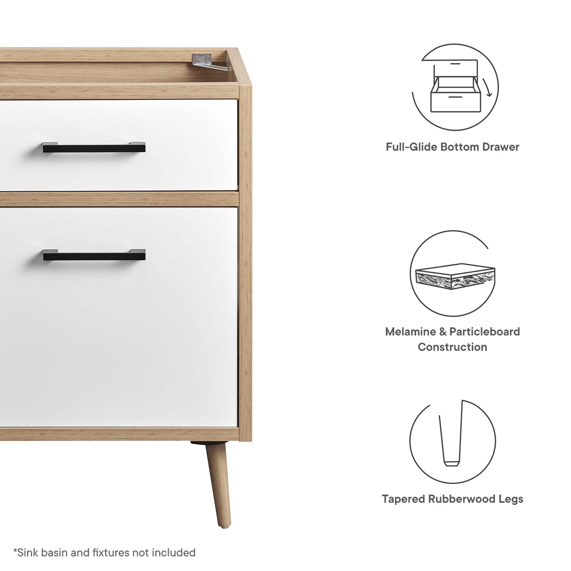 24" bathroom vanity cabinet with an oak wood frame, white drawer fronts, & black bar handles; two-drawer configuration on tapered rubberwood legs.
