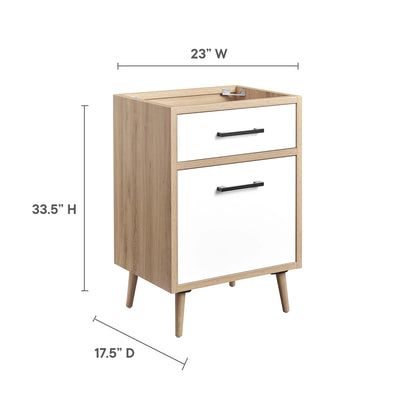 Oak wood-framed bathroom vanity cabinet with white fronts and black handles.