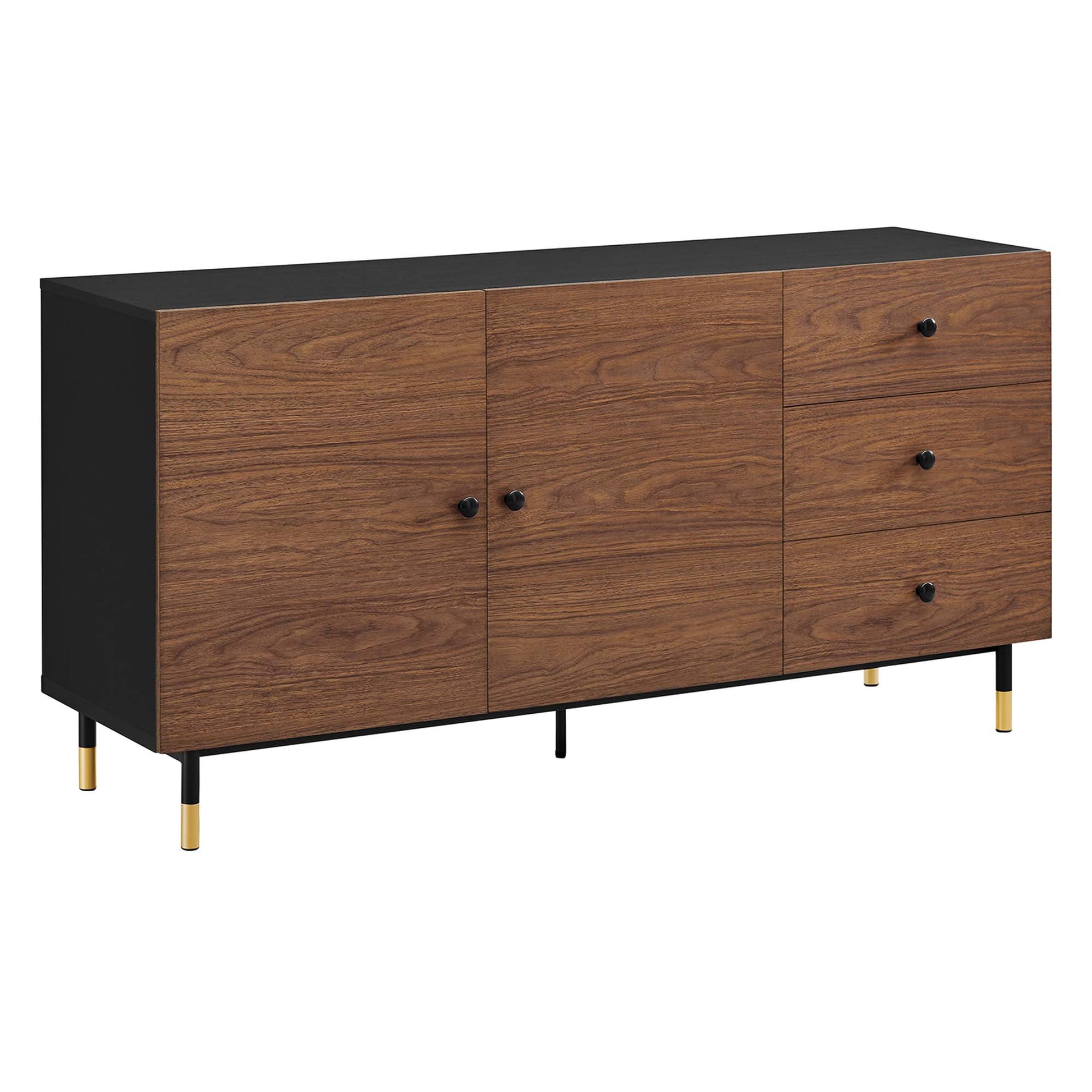 Walnut veneer sideboard with black top and sides, three right drawers, two central doors, black knobs, gold-tipped legs.