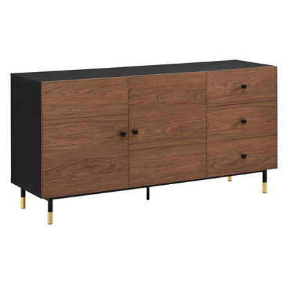 Walnut veneer sideboard with black top and sides, three right drawers, two central doors, black knobs, gold-tipped legs.