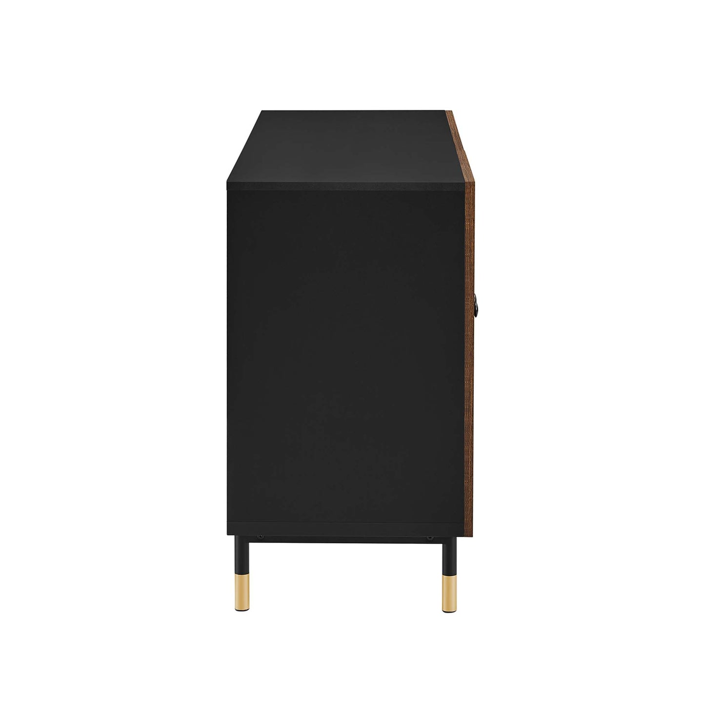 Slim black cabinet with walnut veneer edge and gold-tipped legs, mid-century modern storage piece.
