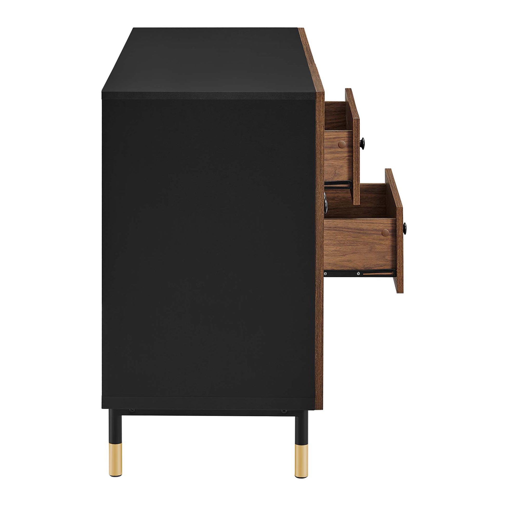 Mid-century black cabinet with walnut drawer fronts and brass-tipped legs; two drawers partially open.
