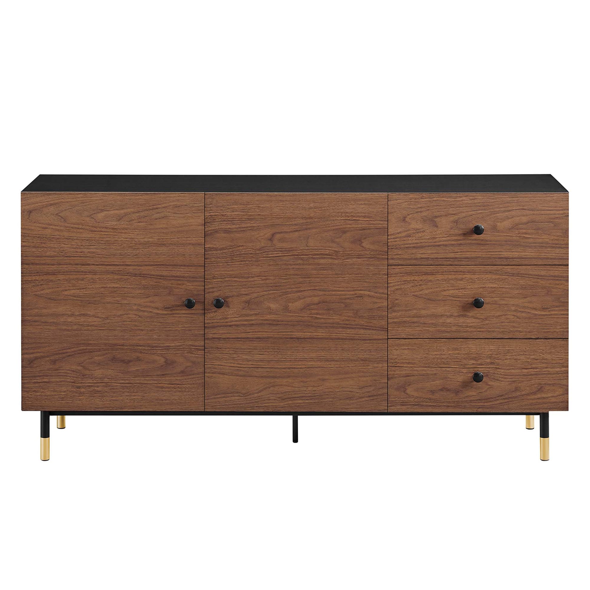 Walnut veneer mid-century sideboard with black top, left cabinet doors and right three drawers, black knobs, gold-tone legs.