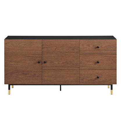 Walnut veneer mid-century sideboard with black top, left cabinet doors and right three drawers, black knobs, gold-tone legs.