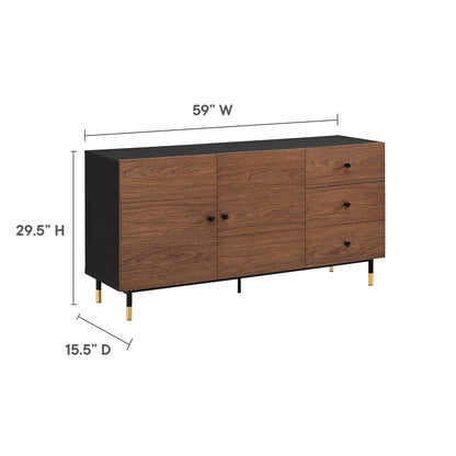 59W walnut veneer sideboard with black top, two central doors and three drawers on right, gold-tipped legs.
