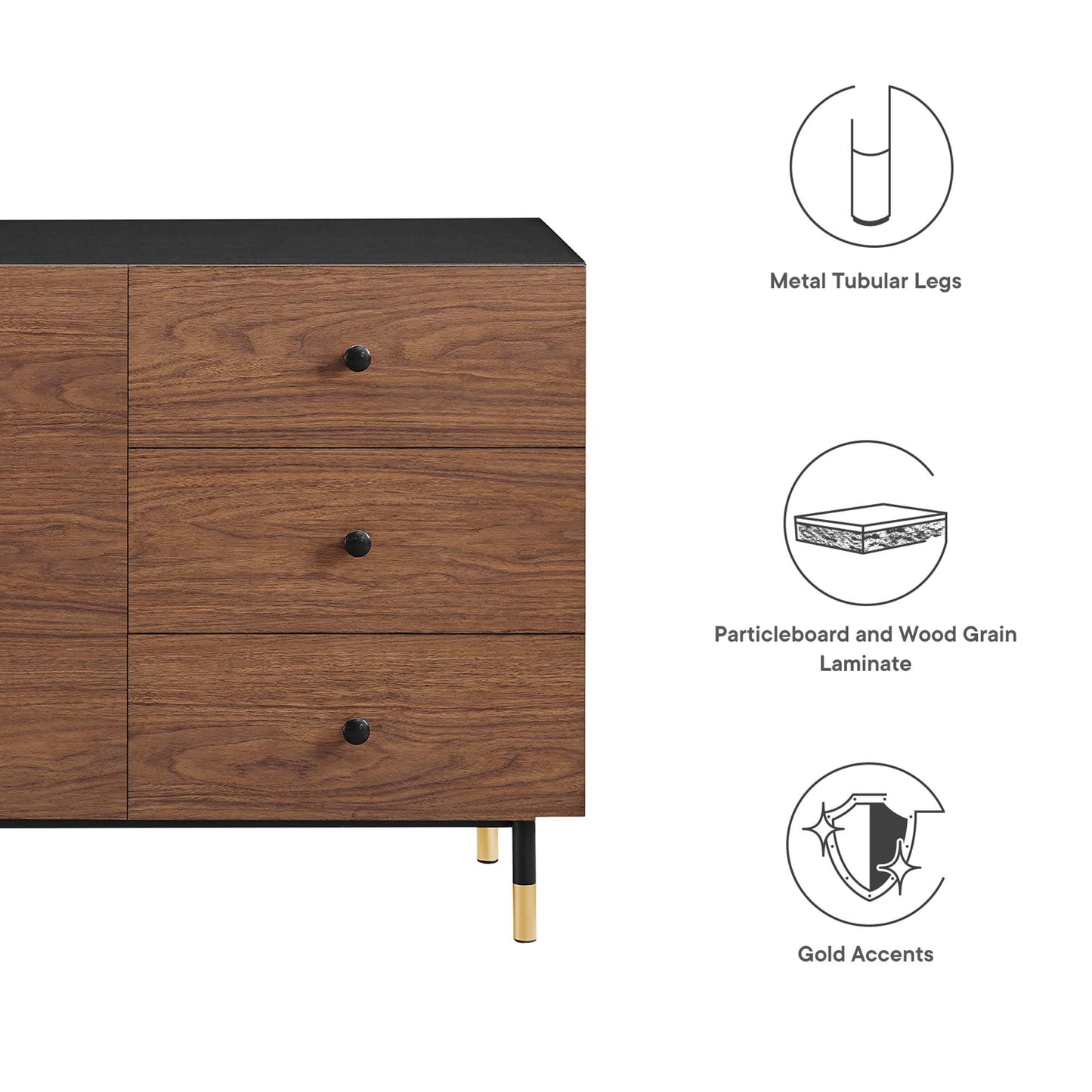 Mid-century walnut veneer sideboard with black top, left cabinet, right three drawers, black knobs, gold-tipped legs.