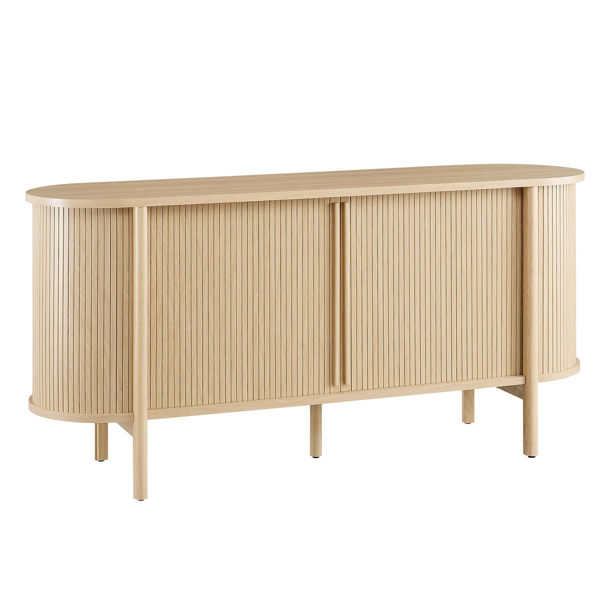 Oak finish sideboard with vertical slat doors, curved ends and rounded top, on tapered legs for modern storage