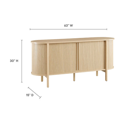 Natural oak sideboard with ribbed sliding doors, rounded ends, curved top, four slim legs for dining room storage