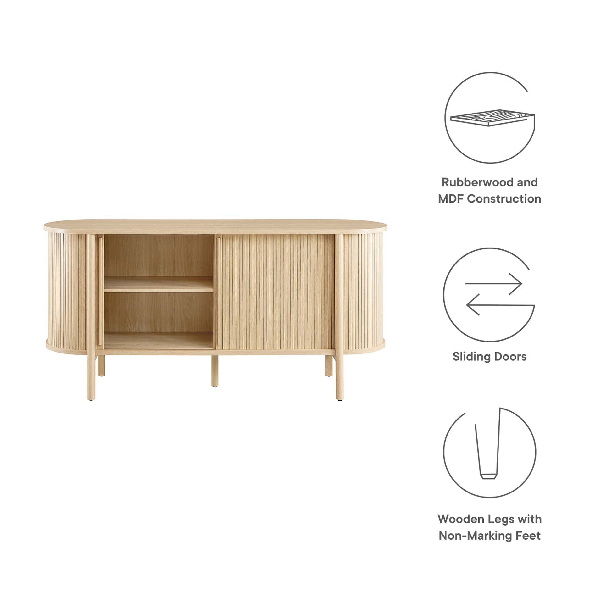 Oak sideboard with rounded ends, left open shelves, right sliding doors, rubberwood/MDF construction, non-marking feet.