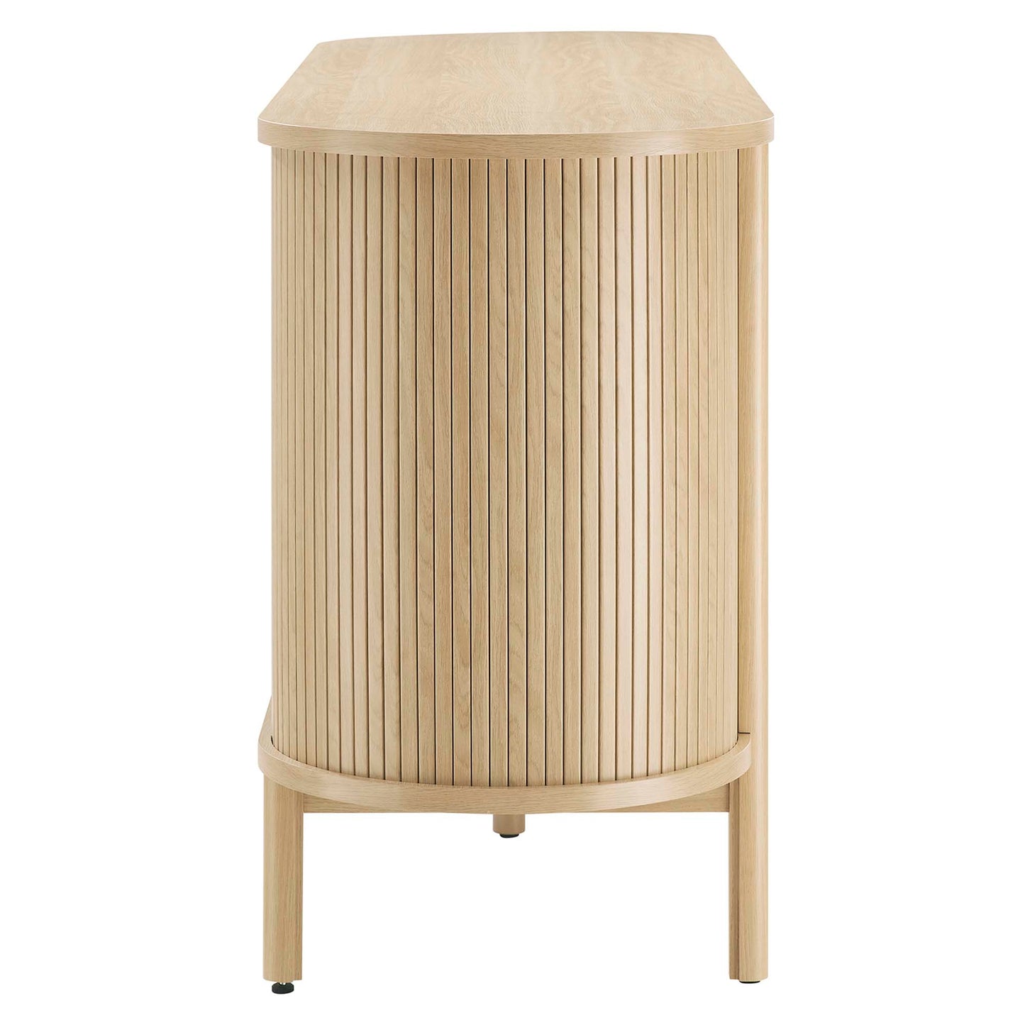 Light oak curved sideboard with a flat top and four legs.
